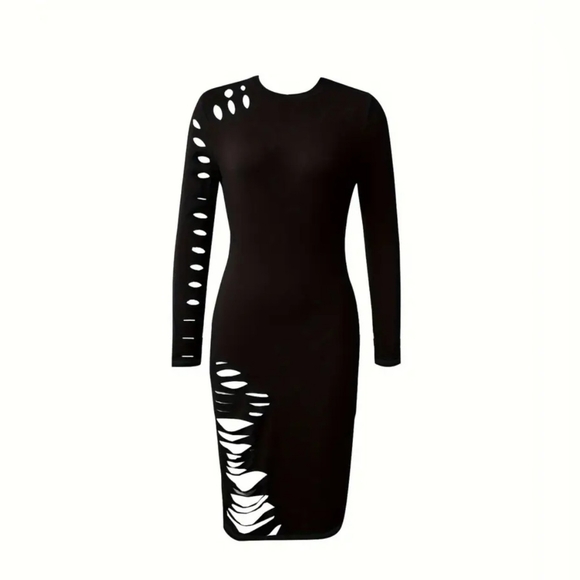 Sleek Black Distressed Sexy Bodycon Dress - Picture 2 of 4